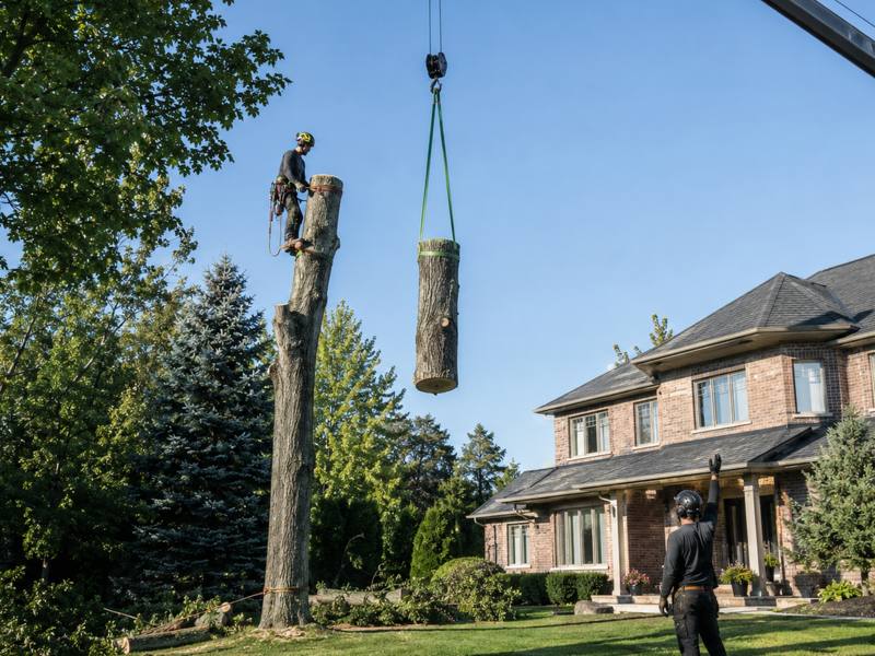 A Port Credit Tree Service crew lifting a cut trunk section clear by crane