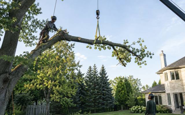 Climber cutting back a long limb, lowered by crane to reduce the crown