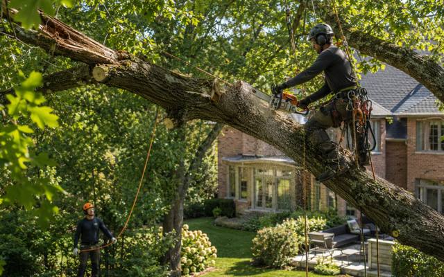 Large broken limb still hanging in the canopy over a house, rigged for controlled removal