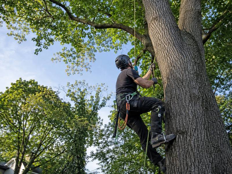 Climber ascending the trunk of a dead ash on rope and spikes